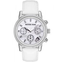 Michael Kors Uhr MK5049 Damenuhr Silber Weiß Leder Chronograph Watch NEU & OVP